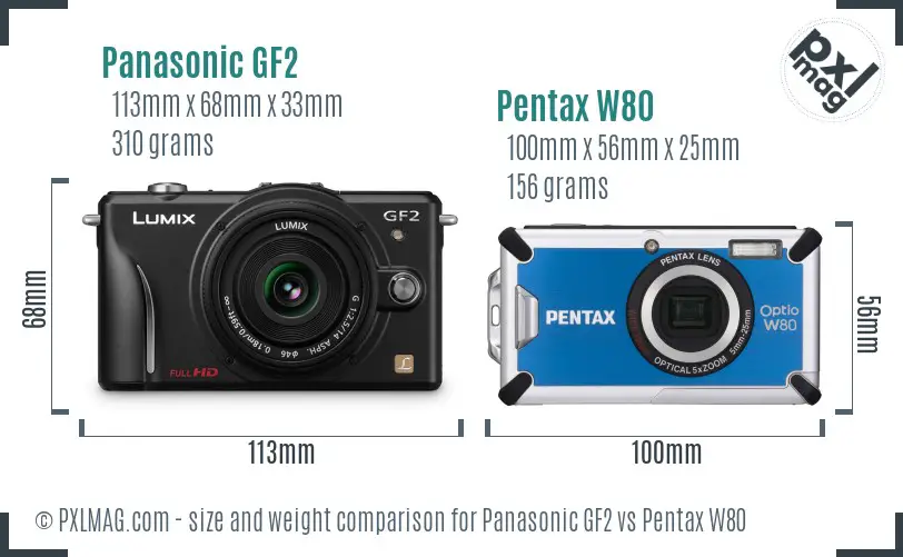 Panasonic GF2 vs Pentax W80 size comparison