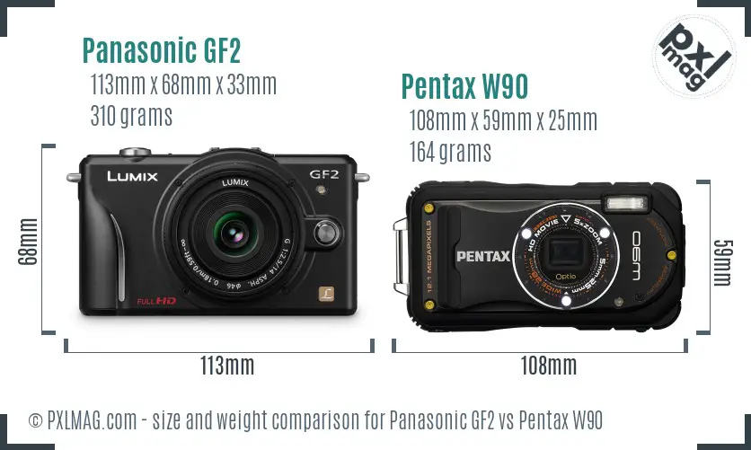 Panasonic GF2 vs Pentax W90 size comparison