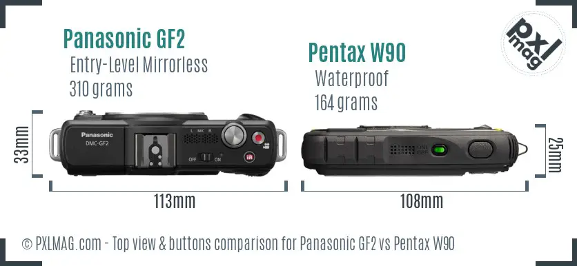 Panasonic GF2 vs Pentax W90 top view buttons comparison