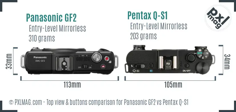 Panasonic GF2 vs Pentax Q-S1 top view buttons comparison