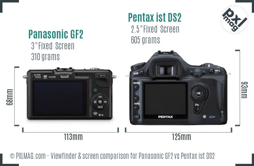 Panasonic GF2 vs Pentax ist DS2 Screen and Viewfinder comparison