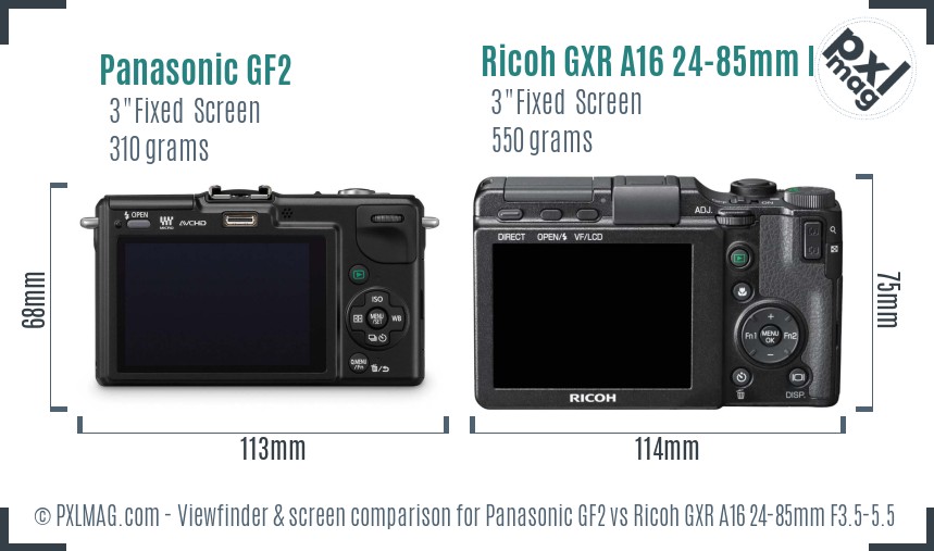Panasonic GF2 vs Ricoh GXR A16 24-85mm F3.5-5.5 Screen and Viewfinder comparison
