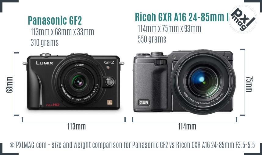 Panasonic GF2 vs Ricoh GXR A16 24-85mm F3.5-5.5 size comparison Panasonic GF2 vs Ricoh GXR A16 24-85mm F3.5-5.5 size comparison