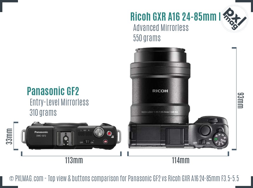Panasonic GF2 vs Ricoh GXR A16 24-85mm F3.5-5.5 top view buttons comparison