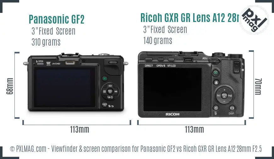 Panasonic GF2 vs Ricoh GXR GR Lens A12 28mm F2.5 Screen and Viewfinder comparison