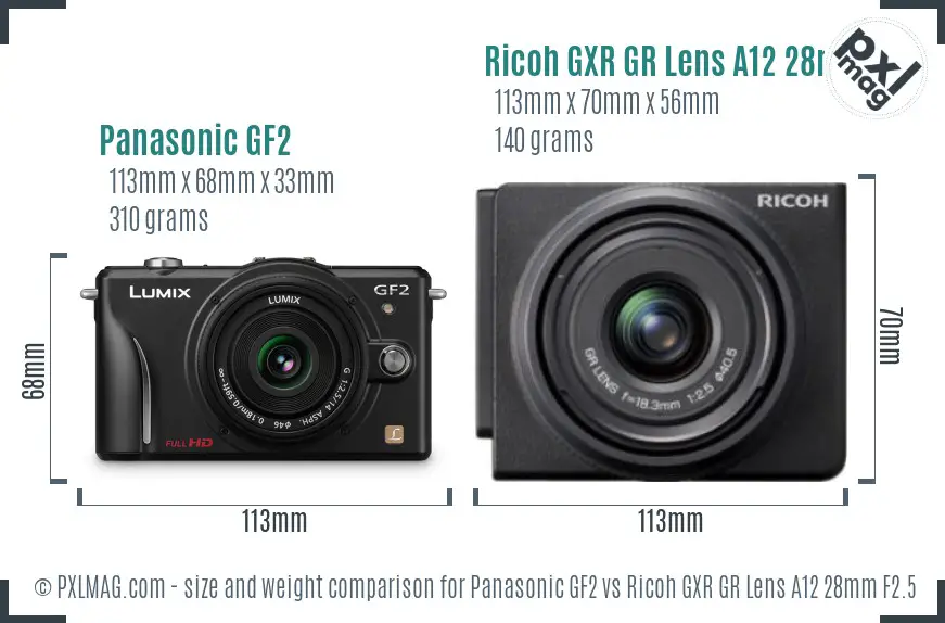 Panasonic GF2 vs Ricoh GXR GR Lens A12 28mm F2.5 size comparison