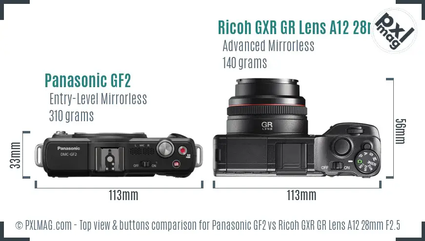 Panasonic GF2 vs Ricoh GXR GR Lens A12 28mm F2.5 top view buttons comparison