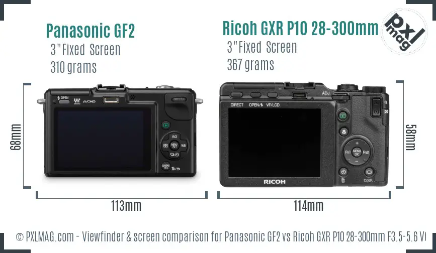 Panasonic GF2 vs Ricoh GXR P10 28-300mm F3.5-5.6 VC Screen and Viewfinder comparison
