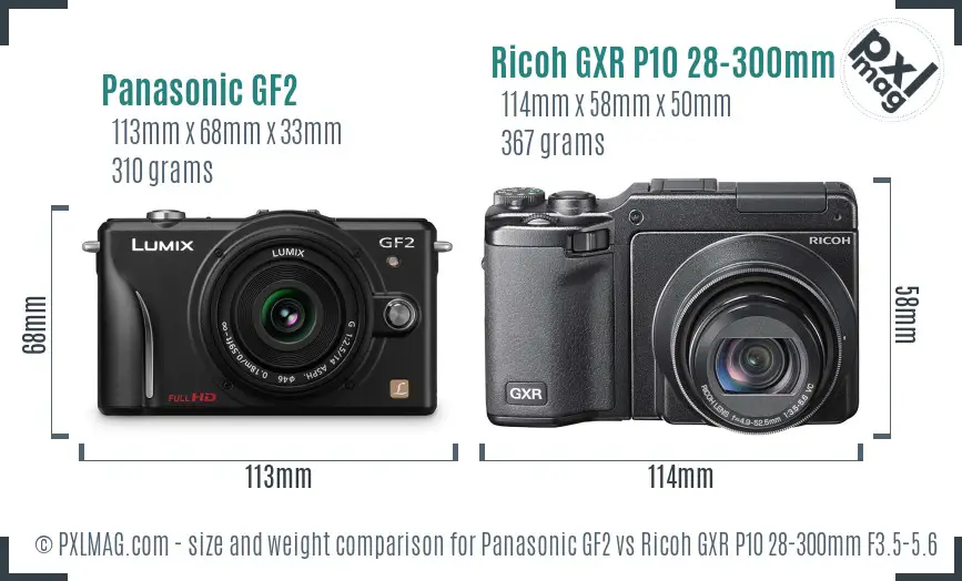 Panasonic GF2 vs Ricoh GXR P10 28-300mm F3.5-5.6 VC size comparison