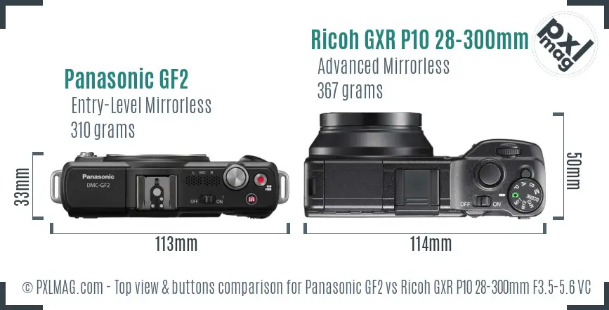 Panasonic GF2 vs Ricoh GXR P10 28-300mm F3.5-5.6 VC top view buttons comparison