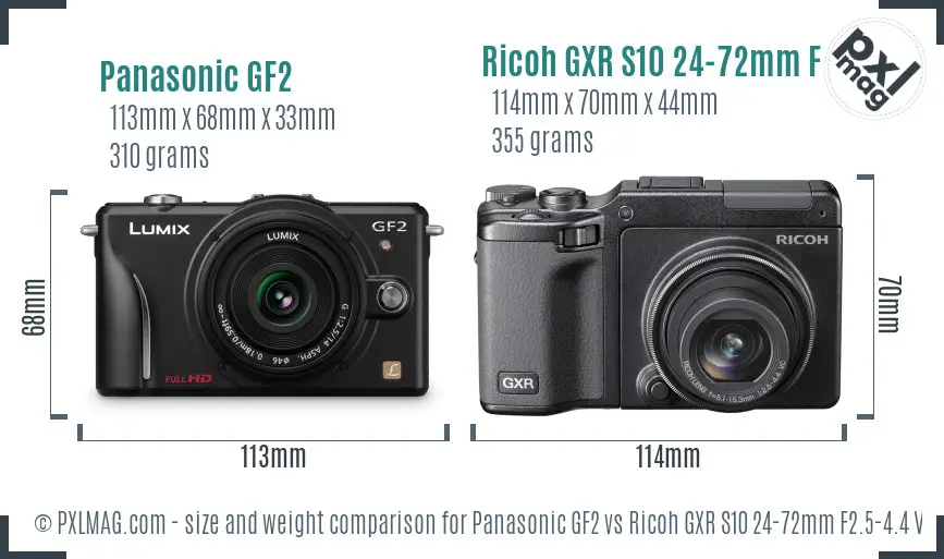 Panasonic GF2 vs Ricoh GXR S10 24-72mm F2.5-4.4 VC size comparison Panasonic GF2 vs Ricoh GXR S10 24-72mm F2.5-4.4 VC size comparison