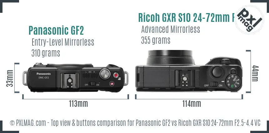 Panasonic GF2 vs Ricoh GXR S10 24-72mm F2.5-4.4 VC top view buttons comparison Panasonic GF2 vs Ricoh GXR S10 24-72mm F2.5-4.4 VC top view buttons comparison