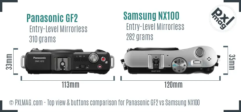 Panasonic GF2 vs Samsung NX100 top view buttons comparison