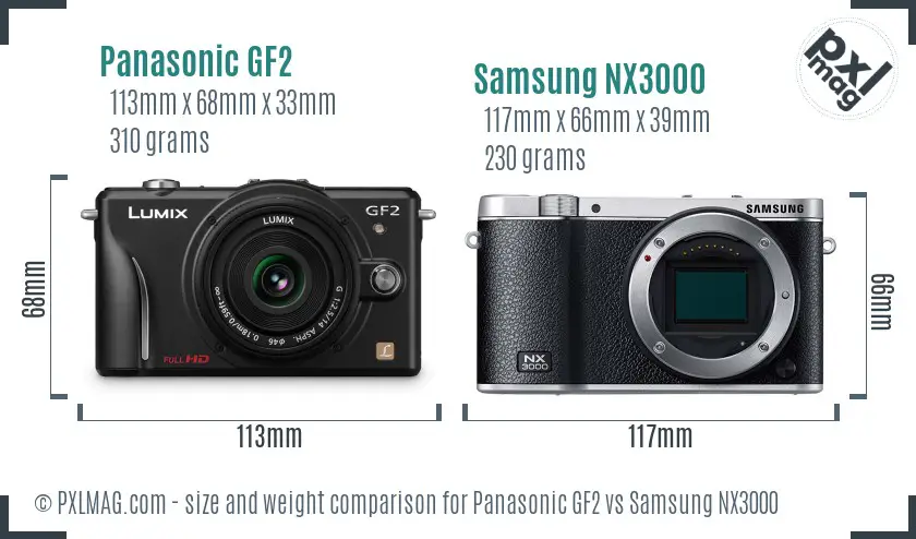 Panasonic GF2 vs Samsung NX3000 size comparison