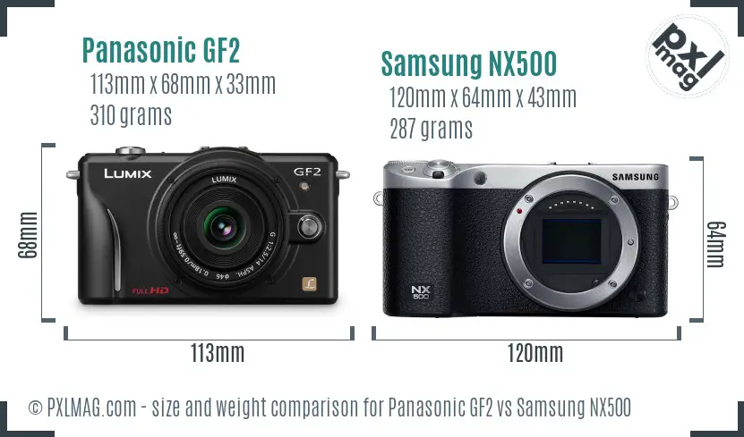 Panasonic GF2 vs Samsung NX500 size comparison