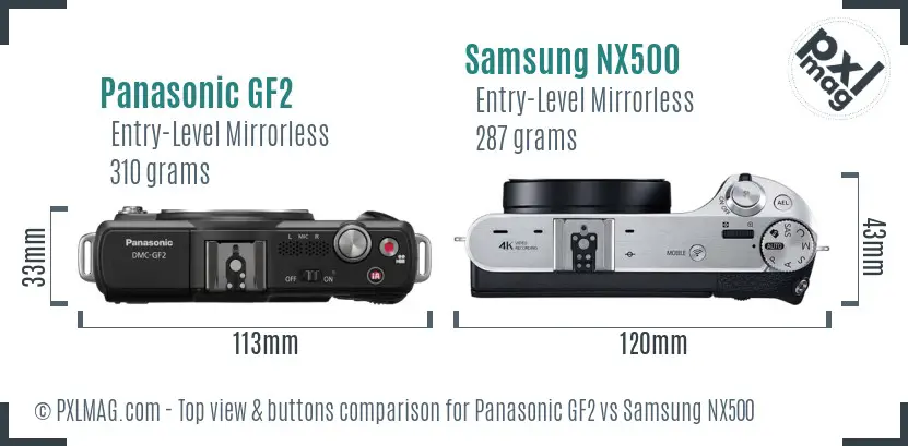Panasonic GF2 vs Samsung NX500 top view buttons comparison