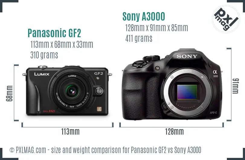 Panasonic GF2 vs Sony A3000 size comparison