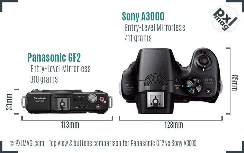 Panasonic GF2 vs Sony A3000 top view buttons comparison