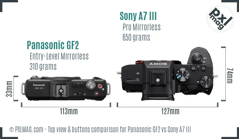 Panasonic GF2 vs Sony A7 III top view buttons comparison Panasonic GF2 vs Sony A7 III top view buttons comparison