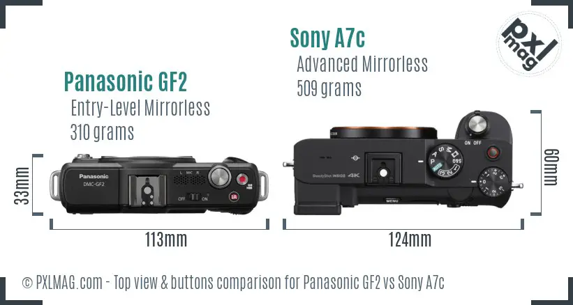 Panasonic GF2 vs Sony A7c top view buttons comparison
