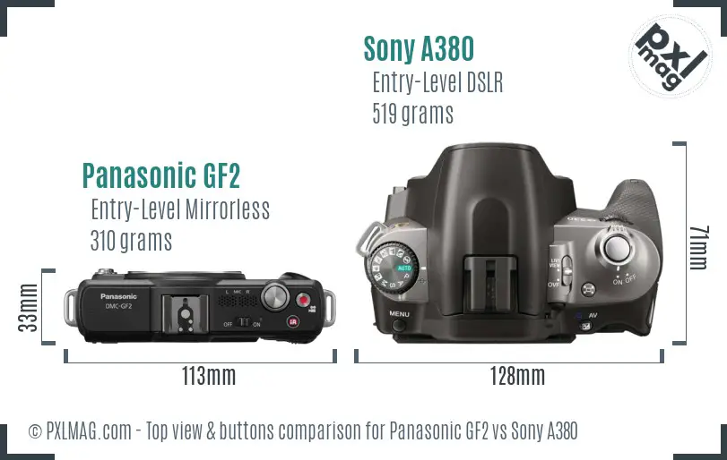 Panasonic GF2 vs Sony A380 top view buttons comparison