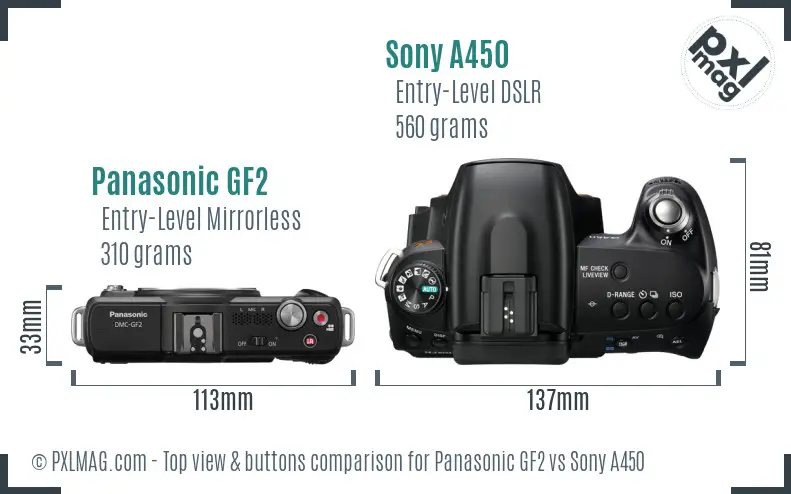 Panasonic GF2 vs Sony A450 top view buttons comparison Panasonic GF2 vs Sony A450 top view buttons comparison