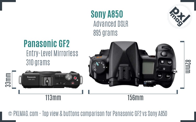 Panasonic GF2 vs Sony A850 top view buttons comparison