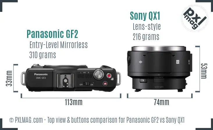Panasonic GF2 vs Sony QX1 top view buttons comparison