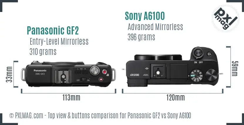 Panasonic GF2 vs Sony A6100 top view buttons comparison