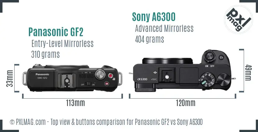 Panasonic GF2 vs Sony A6300 top view buttons comparison