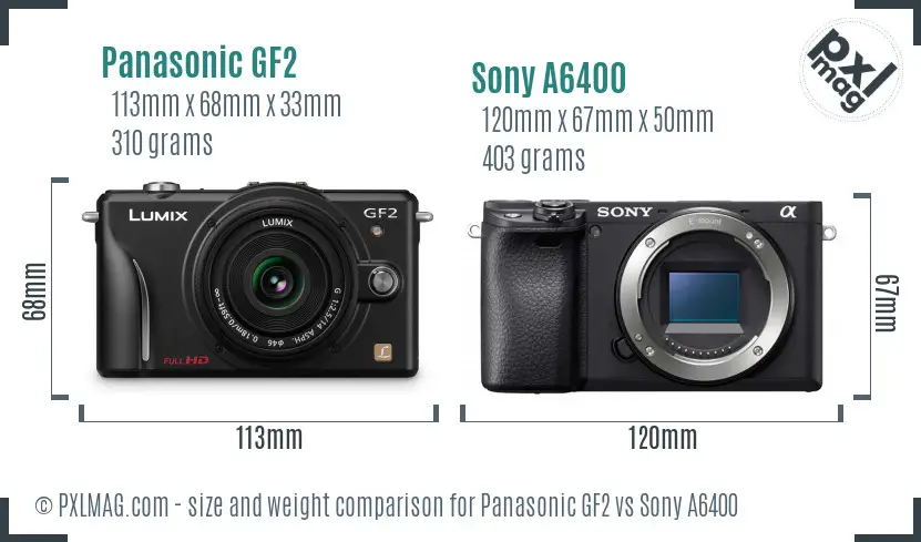 Panasonic GF2 vs Sony A6400 size comparison