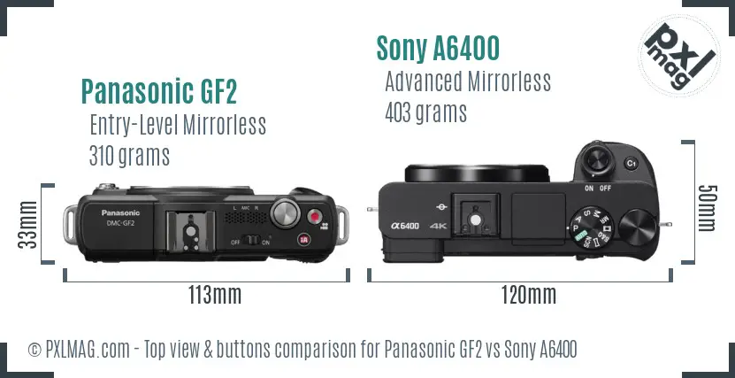 Panasonic GF2 vs Sony A6400 top view buttons comparison