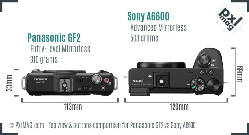 Panasonic GF2 vs Sony A6600 top view buttons comparison Panasonic GF2 vs Sony A6600 top view buttons comparison