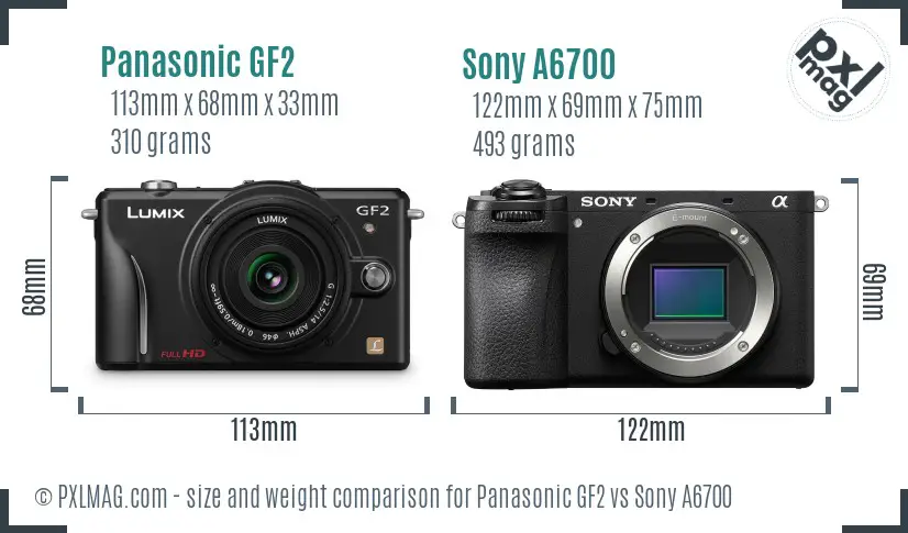 Panasonic GF2 vs Sony A6700 size comparison