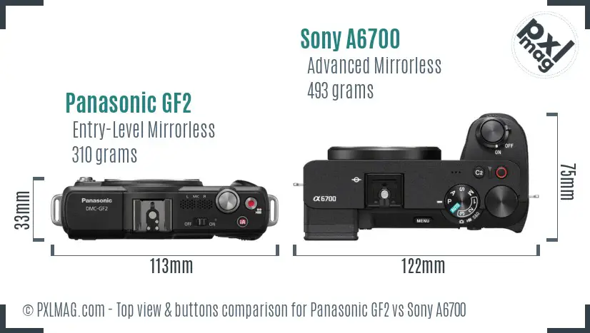 Panasonic GF2 vs Sony A6700 top view buttons comparison