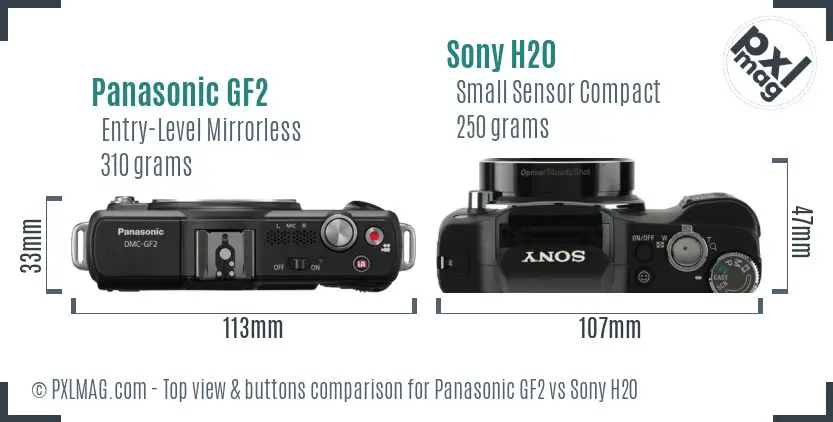 Panasonic GF2 vs Sony H20 top view buttons comparison Panasonic GF2 vs Sony H20 top view buttons comparison