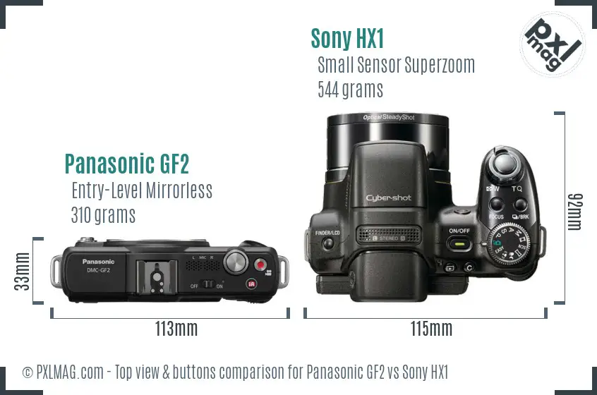 Panasonic GF2 vs Sony HX1 top view buttons comparison