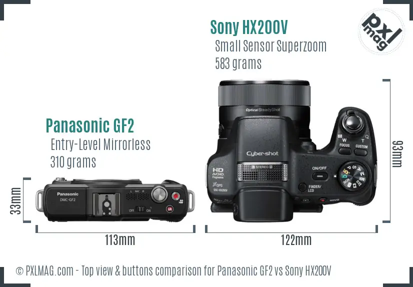 Panasonic GF2 vs Sony HX200V top view buttons comparison Panasonic GF2 vs Sony HX200V top view buttons comparison