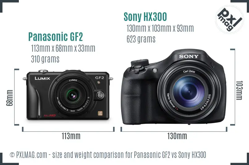 Panasonic GF2 vs Sony HX300 size comparison