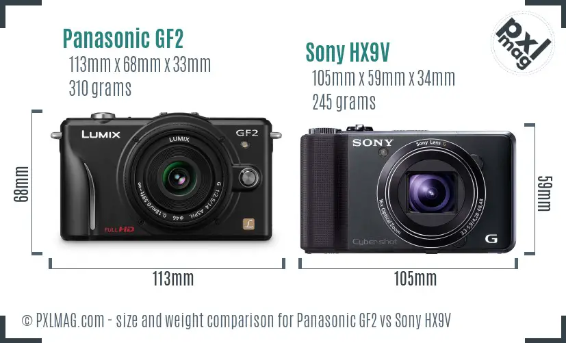 Panasonic GF2 vs Sony HX9V size comparison Panasonic GF2 vs Sony HX9V size comparison