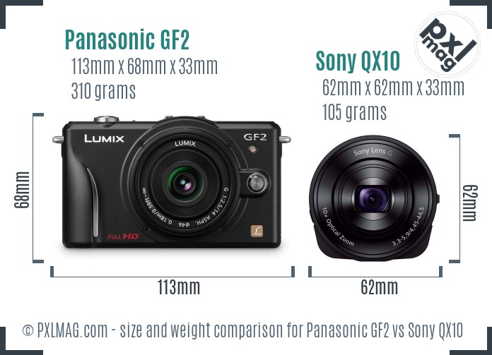 Panasonic GF2 vs Sony QX10 size comparison