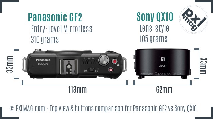 Panasonic GF2 vs Sony QX10 top view buttons comparison