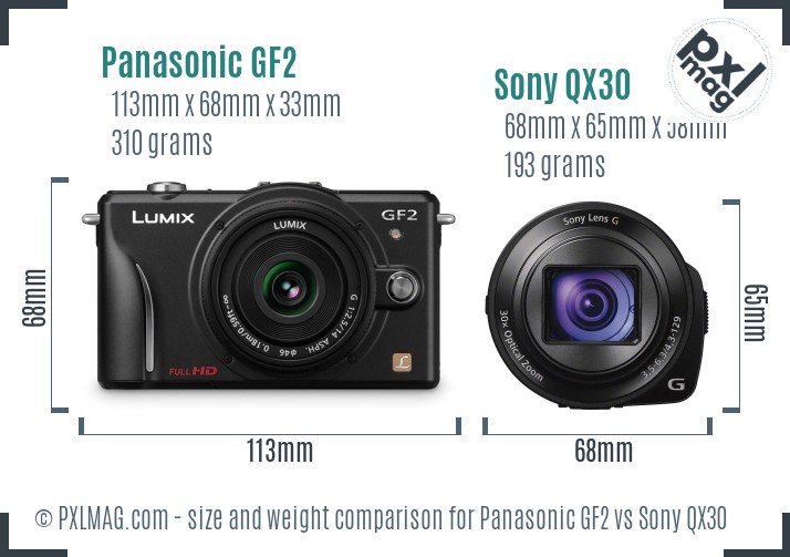 Panasonic GF2 vs Sony QX30 size comparison