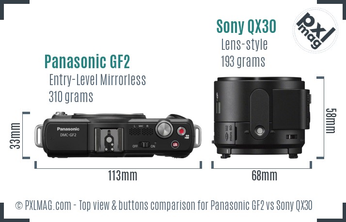 Panasonic GF2 vs Sony QX30 top view buttons comparison