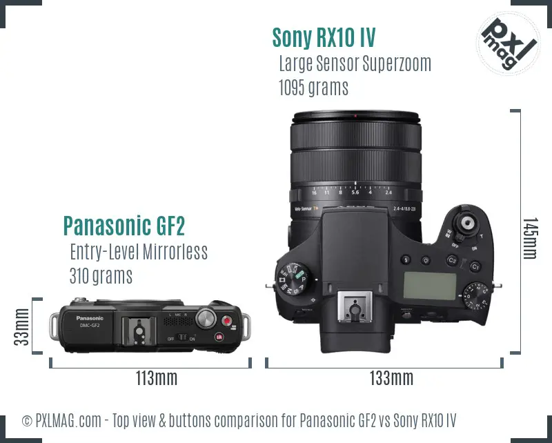 Panasonic GF2 vs Sony RX10 IV top view buttons comparison Panasonic GF2 vs Sony RX10 IV top view buttons comparison