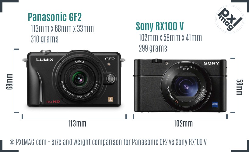 Panasonic GF2 vs Sony RX100 V size comparison