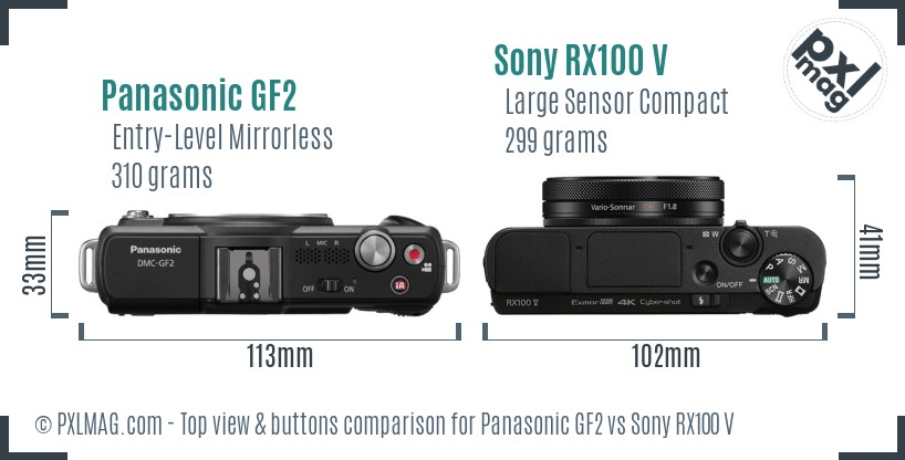 Panasonic GF2 vs Sony RX100 V top view buttons comparison