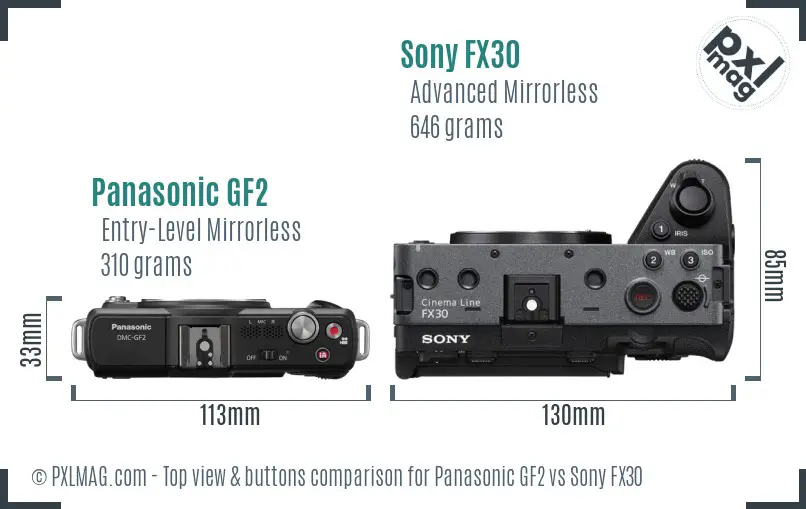Panasonic GF2 vs Sony FX30 top view buttons comparison Panasonic GF2 vs Sony FX30 top view buttons comparison