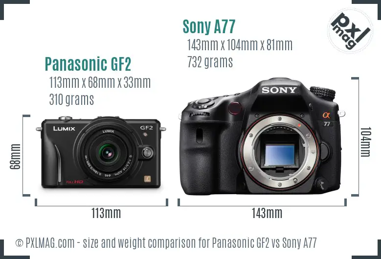 Panasonic GF2 vs Sony A77 size comparison Panasonic GF2 vs Sony A77 size comparison