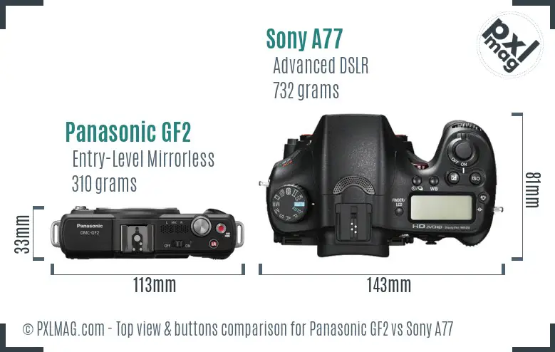Panasonic GF2 vs Sony A77 top view buttons comparison Panasonic GF2 vs Sony A77 top view buttons comparison